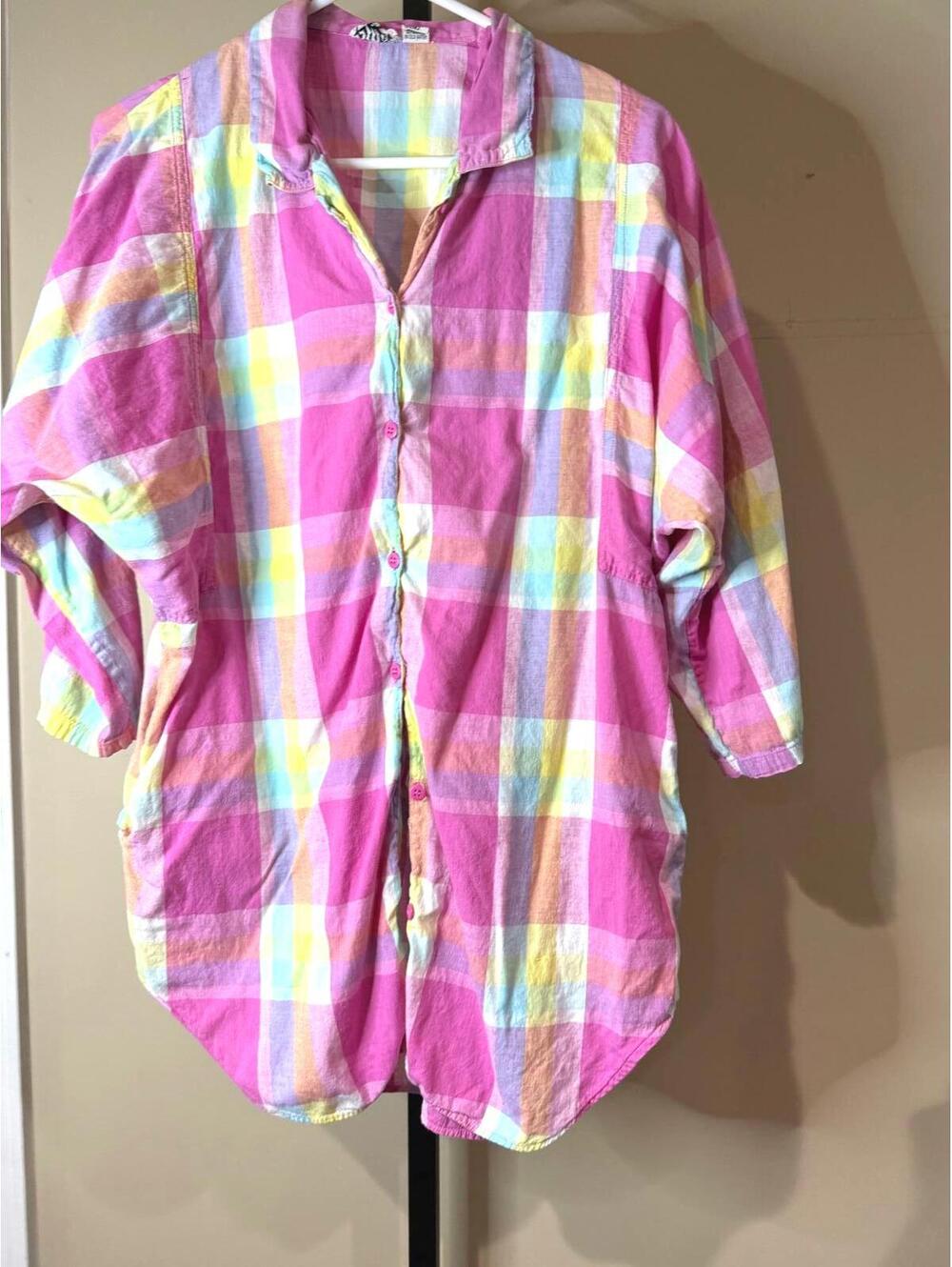 70s Pinky Small Cotton Women's Long Sleeve Button-Up Dress in Pink Pastel Plaid